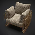 Modern Elegant Single Sofa with Plaid Pattern Cushions and Golden Metal Frame 3d model