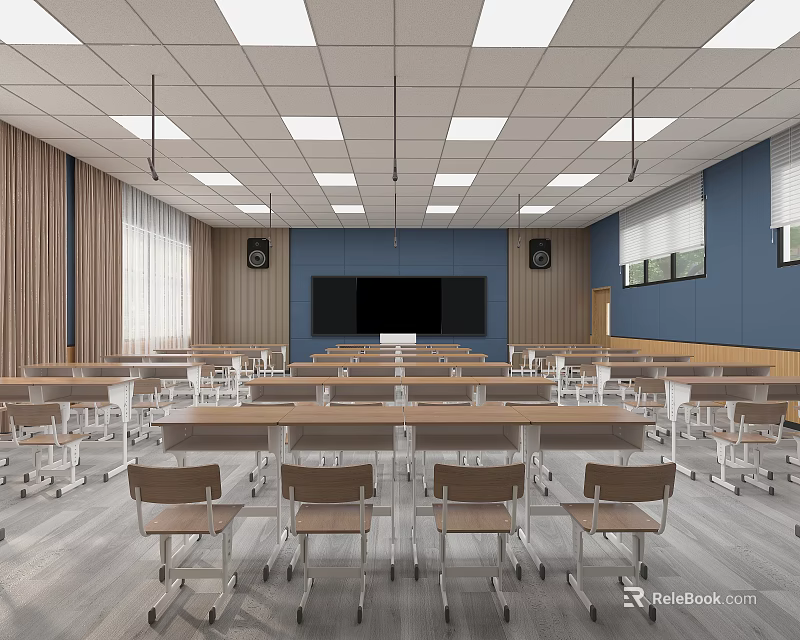 Modern School Classroom Interior With Rows Of Desks Comfortable Seats And Large Whiteboard 3d model 