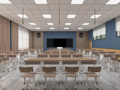 Modern School Classroom Interior With Rows Of Desks Comfortable Seats And Large Whiteboard 3d model
