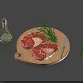 Fresh Raw Steaks on Wooden Cutting Board with Knife Fresh Thyme and Olive Oil