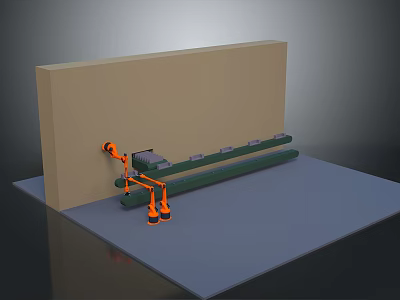 Orange Robotic Arm In Industrial Automation Setup With Green Conveyor Belt And Brown Wall Background 3d model