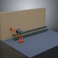 Orange Robotic Arm In Industrial Automation Setup With Green Conveyor Belt And Brown Wall Background