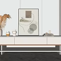 Modern Minimalist TV Stand With White Finish Decorative Vase Sculpture And Wall Art