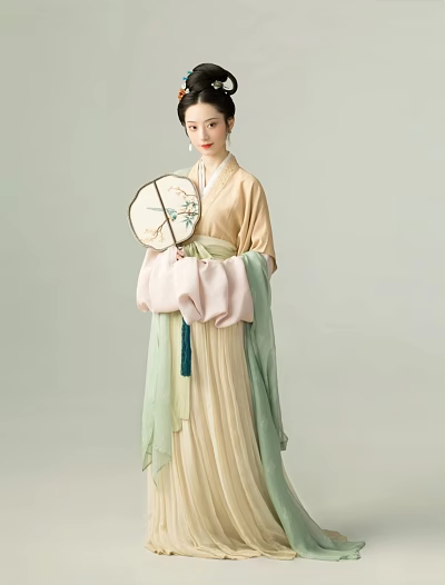 Traditional Hanfu Attired Woman Holding Decorative Fan in Gentle Setting 3d model