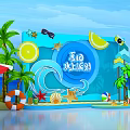 Summer Water Party Scene With Palm Trees Lemon Slices Sunglasses Lifebuoy And Seashells
