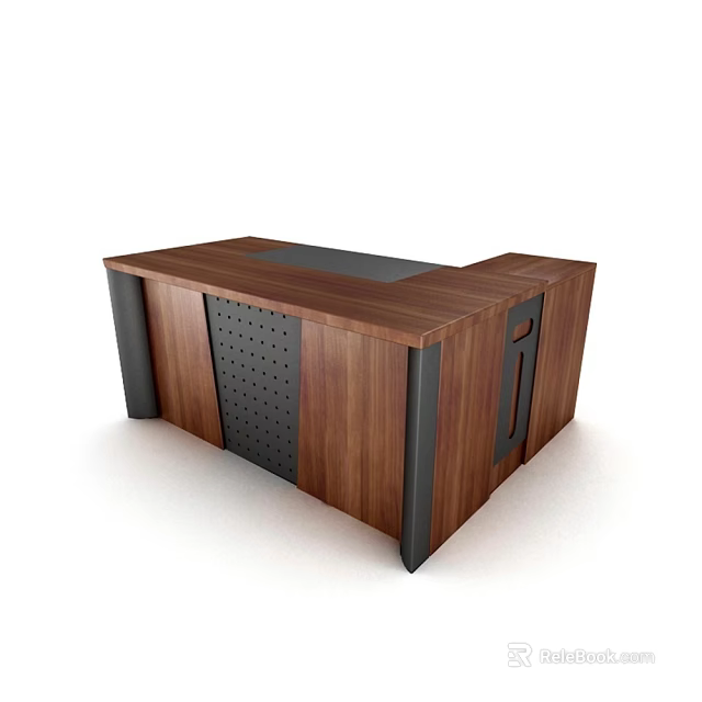 Modern Office Desk With Dark Wooden Top Black Frame And Perforated Panels 3d model 