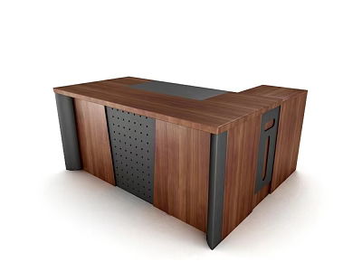 Modern Office Desk With Dark Wooden Top Black Frame And Perforated Panels 3d model