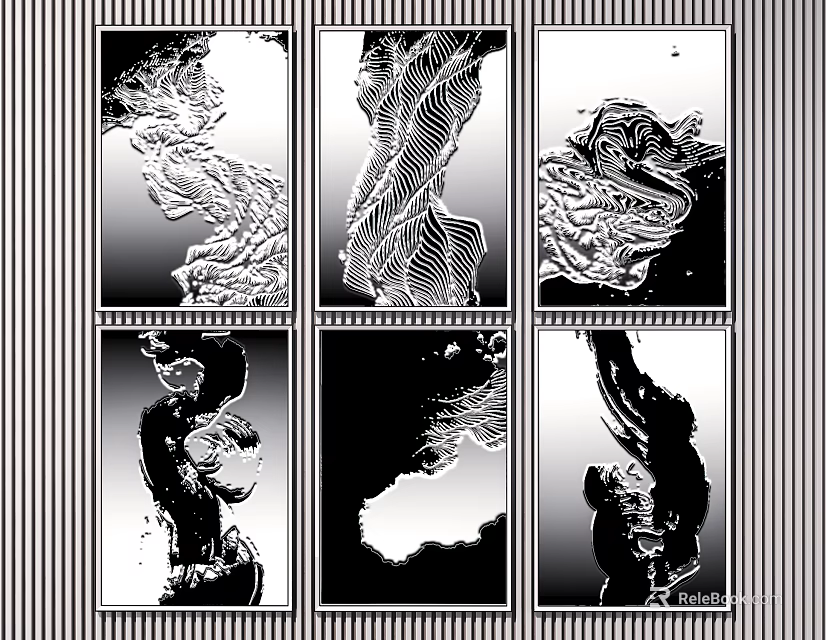 Six Black and White Abstract Paintings with Textured Patterns and Dynamic Designs 3d model