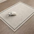 Light Colored Square Rug with Black Border and White Cushion on Wooden Floor