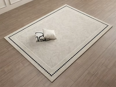 Light Colored Square Rug with Black Border and White Cushion on Wooden Floor 3d model