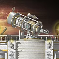 Commercial Astronomical Observatory Equipment with Large Telescope Structure on Marble Platform and Celestial Starry Sky