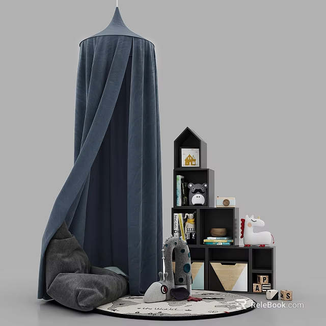 Cozy Kids Bed With Blue Canopy And Black Bookcase For Toys And Storage 3d model 