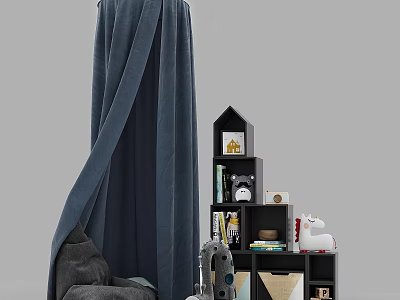 Cozy Kids Bed With Blue Canopy And Black Bookcase For Toys And Storage 3d model