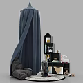 Cozy Kids Bed With Blue Canopy And Black Bookcase For Toys And Storage