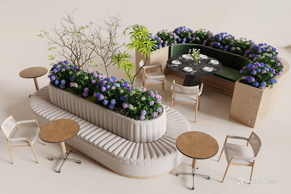 Modern Banquette Sofa Interior with Green Plants Purple Flowers Small Round Tables and Chairs 3d model 
