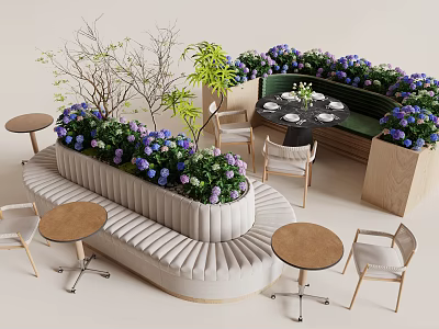 Modern Banquette Sofa Interior with Green Plants Purple Flowers Small Round Tables and Chairs 3d model