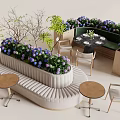 Modern Banquette Sofa Interior with Green Plants Purple Flowers Small Round Tables and Chairs