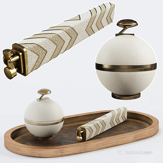 Elegant White And Gold Decorative Ornaments Set With Geometric Pattern And Wooden Tray 3d model 