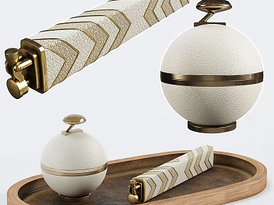 Elegant White And Gold Decorative Ornaments Set With Geometric Pattern And Wooden Tray 3d model