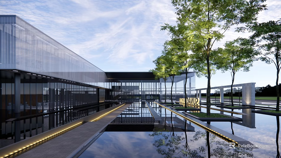 Modern Sales Office Building Featuring Glass Curtain Wall Water Pools Trees Pathway And Sky Reflections 3d model 