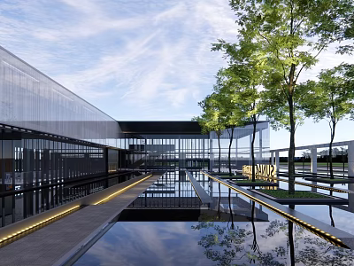 Modern Sales Office Building Featuring Glass Curtain Wall Water Pools Trees Pathway And Sky Reflections 3d model