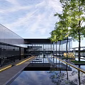 Modern Sales Office Building Featuring Glass Curtain Wall Water Pools Trees Pathway And Sky Reflections