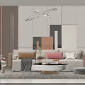 Modern Sofa Coffee Table Set with Decorative Pillows Round Coffee Table and Modern Wall Art 3d model