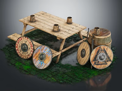 Wooden Outdoor Table With Cups Wheeled Base And Decorative Shields Nearby Wooden Barrel 3d model