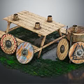 Wooden Outdoor Table With Cups Wheeled Base And Decorative Shields Nearby Wooden Barrel