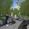 Chinese Garden Landscape With Bamboo Grove Wooden Path And People In Traditional Dress
