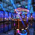 Modern Bar with Blue Lighting Round Counter City Night View High Stools and Neon Decor