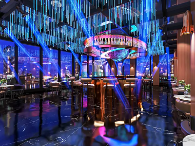 Modern Bar with Blue Lighting Round Counter City Night View High Stools and Neon Decor 3d model