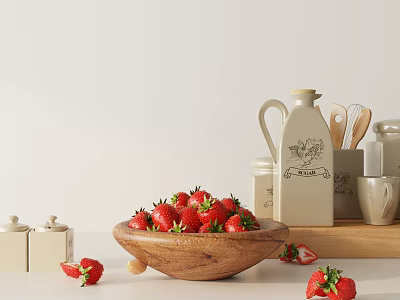 Stylish Kitchenware Set With Wooden Bowl Strawberries Pitcher Mugs And Jars 3d model