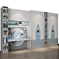 Modern Blue Wardrobe With Rocket Shaped Design Shelves And Storage Lighting 3d model