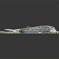 Modern Architectural Model With Curved Structure Yellow White Design Green Lawns Water Pools