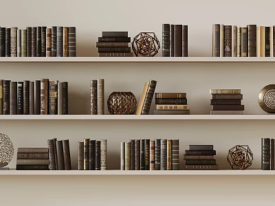 Neatly Arranged Books And Decorative Ornaments On Multiple Wooden Shelves 3d model