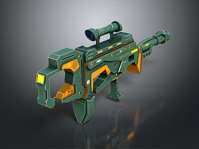 Green Futuristic Sniper Rifle With Scope Yellow Orange Details And Modern Design 3d model