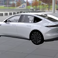 White Modern Electric Car Exterior Design With Sleek Body And Urban Building Background