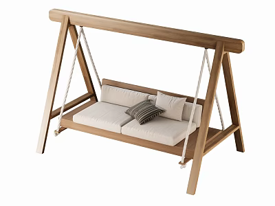 Wooden Outdoor Swing Chair with Two Seat White Cushions and Decorative Pillows 3d model