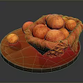 Fresh Orange Potatoes in Wicker Basket with Red Cloth on Brown Plate