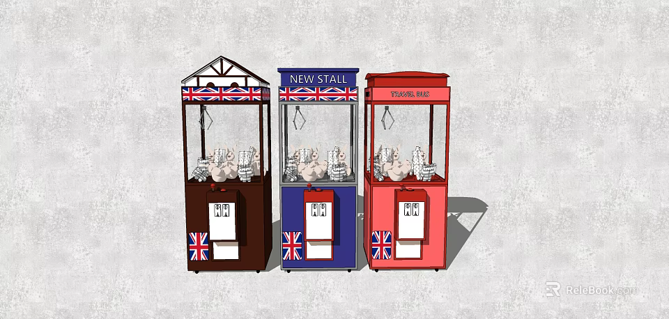 Three Different Colored Claw Machines Amusement Equipment with British Flag and New Stall Sign 3d model 