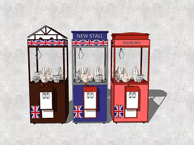 Three Different Colored Claw Machines Amusement Equipment with British Flag and New Stall Sign 3d model