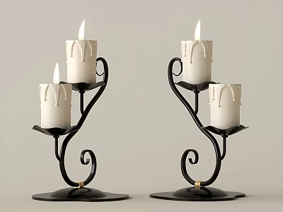 Two Black Metal Curved Candle Lamps with Burning Candles and Wax Drips 3d model