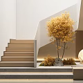 Modern Interior With Staircase Golden Tree Moon Decoration Stones And Green Plants