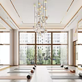 Modern Fitness Studio Interior With Yoga Mats Fitness Balls Mirrors Speakers Chandelier And Green Plants