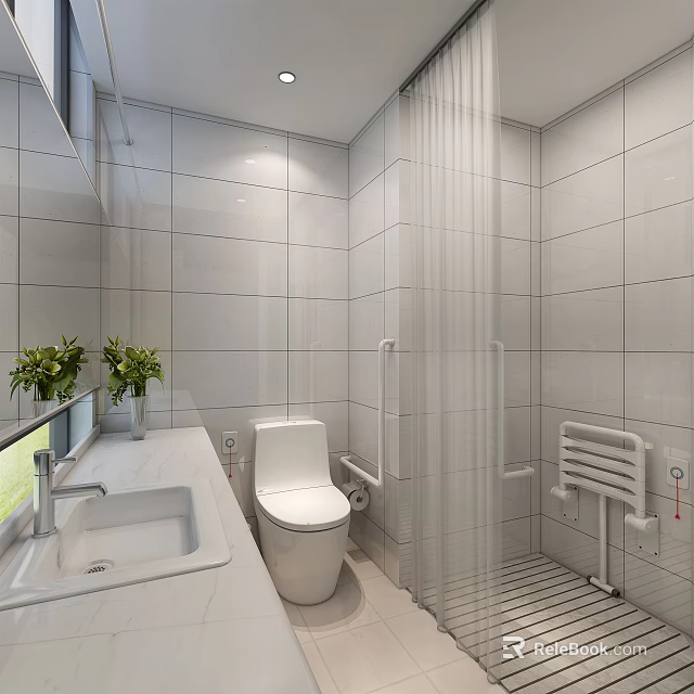 Modern Public Restroom With White Tiled Walls Toilet Sink Counter Grab Bars And Potted Plants 3d model 