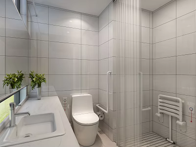 Modern Public Restroom With White Tiled Walls Toilet Sink Counter Grab Bars And Potted Plants 3d model