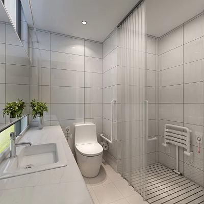Modern Public Restroom With White Tiled Walls Toilet Sink Counter Grab Bars And Potted Plants 3d model