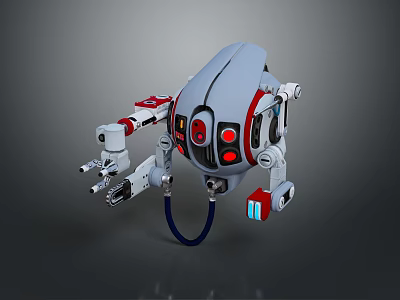 Gray Robot Game Movie Character With Red Accents Mechanical Arms Blue Components And Cables 3d model