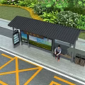 Modern Bus Station Shelter with Billboards Bench Person Sitting Green Trees and Trash Bins
